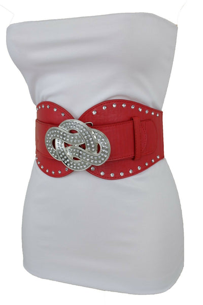 New Women Red Color Corset Belt Hip High Waist Silver Metal Infinity Buckle S M