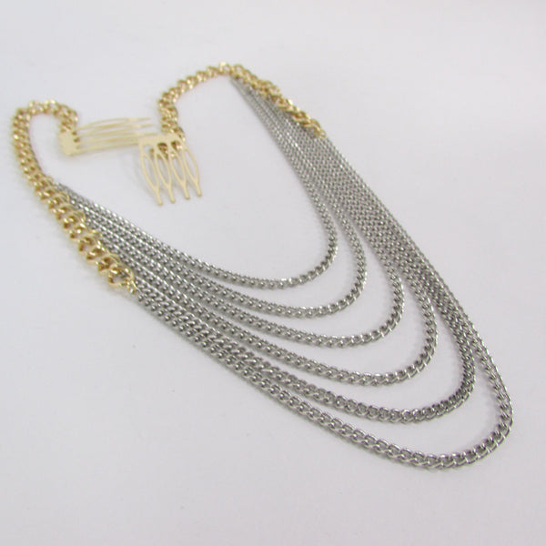 Gold Long Silver Black Head Chain Sides Clips Multi Waves Drops Strands Women Accessories