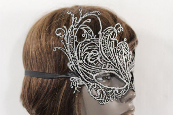 Black Fabric Half Face Eye Costume Flowers Filigree Mask Halloween Women Men Accessories