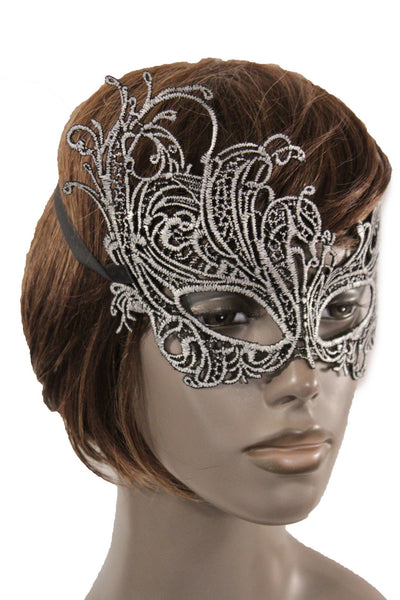 Black Fabric Half Face Eye Costume Flowers Filigree Mask Halloween Women Men Accessories