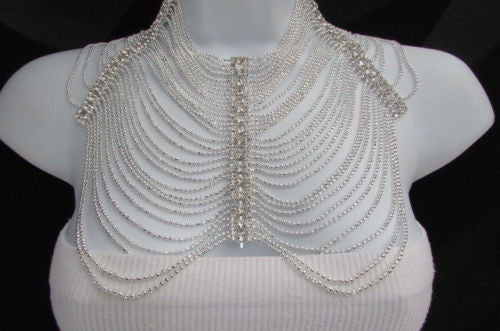 Silver Shoulders Chain Rhinestones Starnds + Earrings New Women Fashion Jewelry Accessories