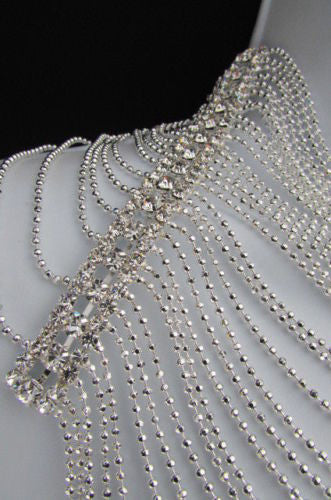 Silver Shoulders Chain Rhinestones Starnds + Earrings New Women Fashion Jewelry Accessories