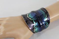 Silver Metal Cuff Bracelet Bangle Snake Blue Black Teal Print New Women Fashion Accessories - alwaystyle4you - 2