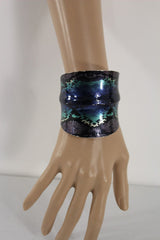 Silver Metal Cuff Bracelet Bangle Snake Blue Black Teal Print New Women Fashion Accessories - alwaystyle4you - 4