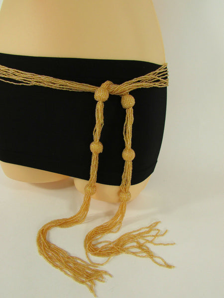 New Women Tie Fashion Belt Gold Or Brown Long Beads Hip Waist Wrap Around S M L