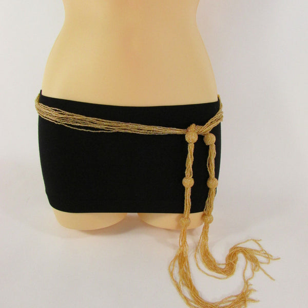 New Women Tie Fashion Belt Gold Or Brown Long Beads Hip Waist Wrap Around S M L
