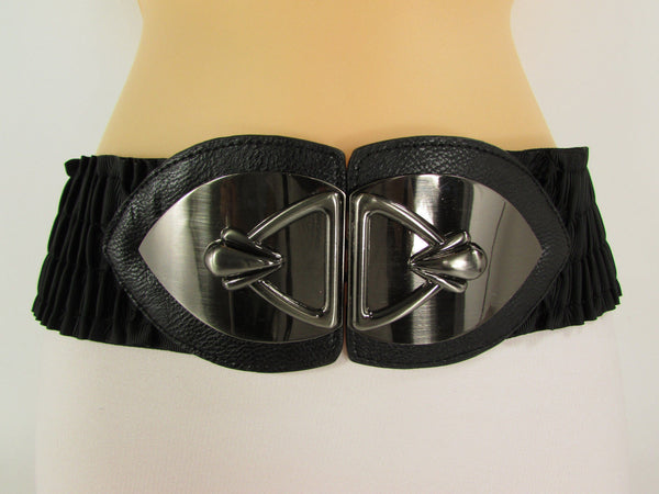 Black Faux Leather Wide Hip Elastic Belt Vintage Metal Pewter Buckle New Women Accessories - alwaystyle4you - 2