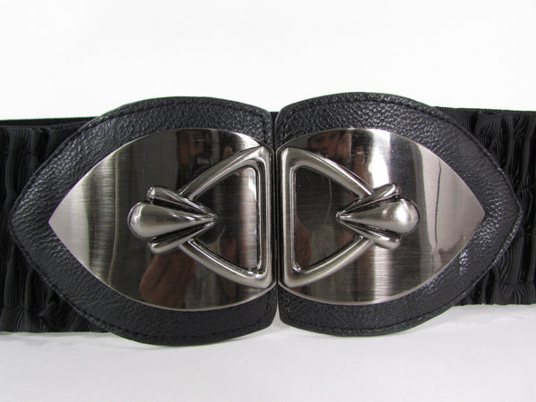 Black Faux Leather Wide Hip Elastic Belt Vintage Metal Pewter Buckle New Women Accessories - alwaystyle4you - 5