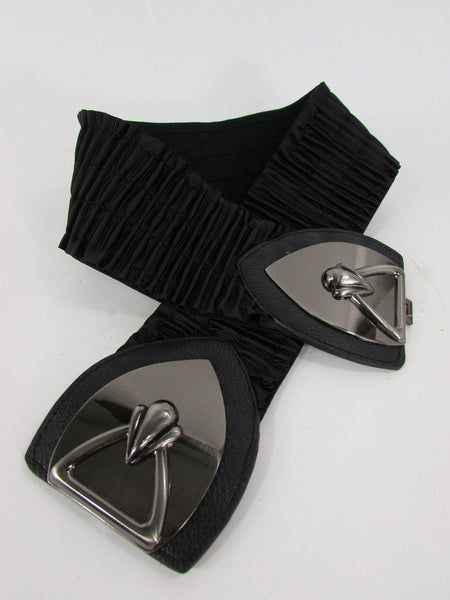 Black Faux Leather Wide Hip Elastic Belt Vintage Metal Pewter Buckle New Women Accessories - alwaystyle4you - 6