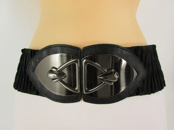 Black Faux Leather Wide Hip Elastic Belt Vintage Metal Pewter Buckle New Women Accessories