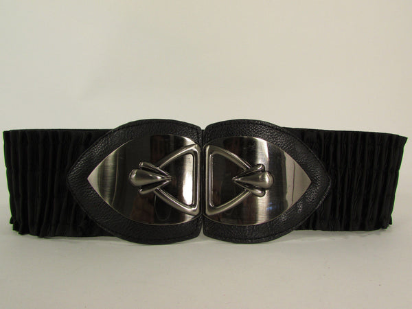 Black Faux Leather Wide Hip Elastic Belt Vintage Metal Pewter Buckle New Women Accessories - alwaystyle4you - 7