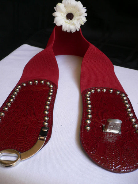 Red Faux Leather Stretch Back Crocodile Stamp Wide Belt Gold Metal Buckle New Women Accessories XS-L - alwaystyle4you - 10
