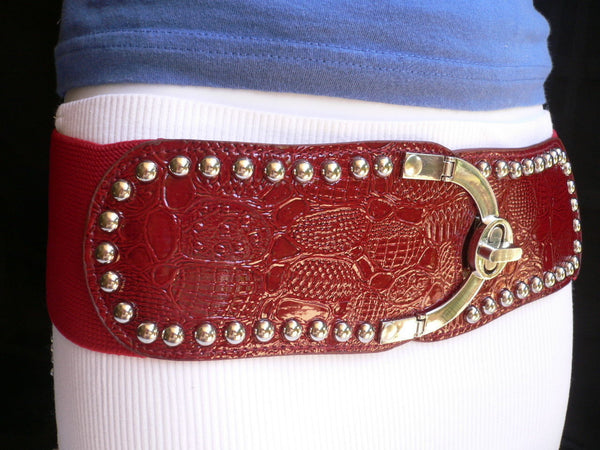 Red Faux Leather Stretch Back Crocodile Stamp Wide Belt Gold Metal Buckle New Women Accessories XS-L - alwaystyle4you - 12