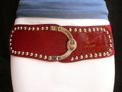 Red Faux Leather Stretch Back Crocodile Stamp Wide Belt Gold Metal Buckle New Women Accessories XS-L - alwaystyle4you - 2