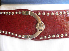 Red Faux Leather Stretch Back Crocodile Stamp Wide Belt Gold Metal Buckle New Women Accessories XS-L - alwaystyle4you - 3