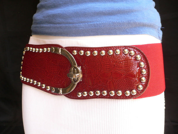 Red Faux Leather Stretch Back Crocodile Stamp Wide Belt Gold Metal Buckle New Women Accessories XS-L - alwaystyle4you - 4