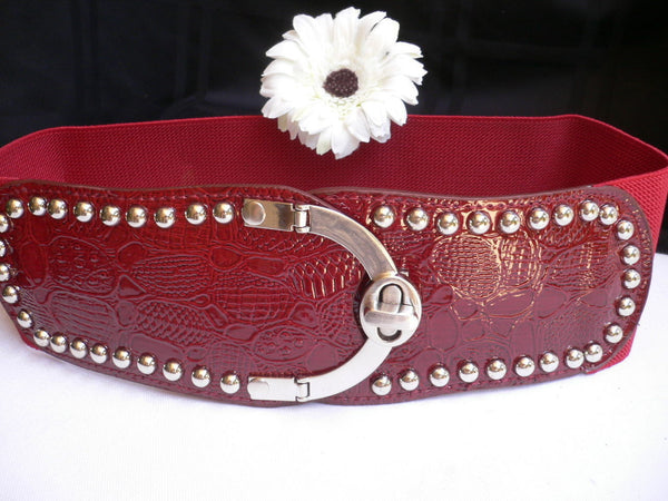 Red Faux Leather Stretch Back Crocodile Stamp Wide Belt Gold Metal Buckle New Women Accessories XS-L - alwaystyle4you - 5