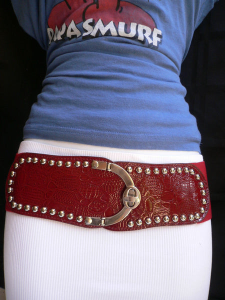 Red Faux Leather Stretch Back Crocodile Stamp Wide Belt Gold Metal Buckle New Women Accessories XS-L - alwaystyle4you - 6