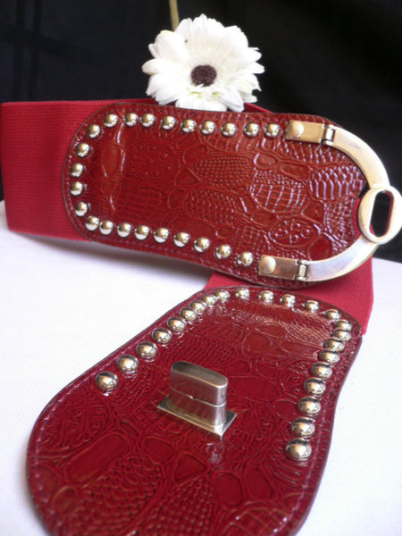 Red Faux Leather Stretch Back Crocodile Stamp Wide Belt Gold Metal Buckle New Women Accessories XS-L - alwaystyle4you - 7
