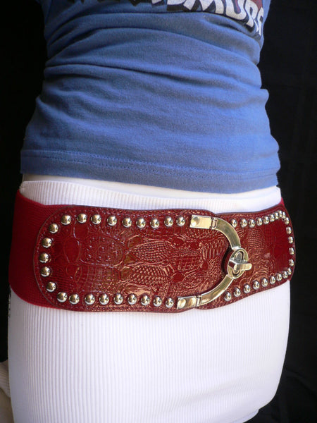 Red Faux Leather Stretch Back Crocodile Stamp Wide Belt Gold Metal Buckle New Women Accessories XS-L - alwaystyle4you - 8