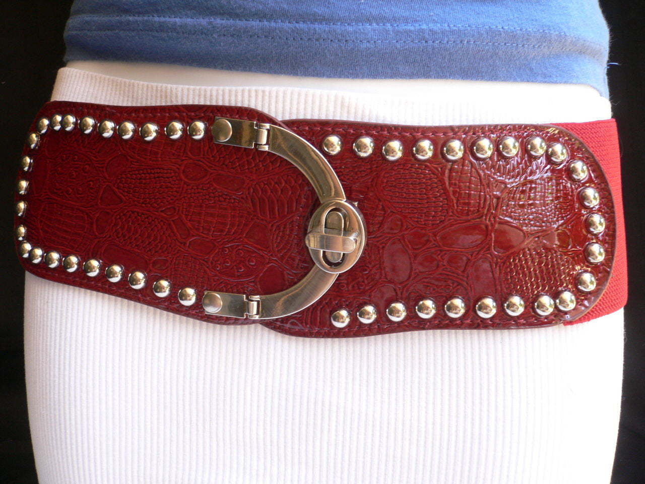 Red Faux Leather Stretch Back Crocodile Stamp Wide Belt Gold Metal Buckle Women Accessories XS-L - alwaystyle4you - 1