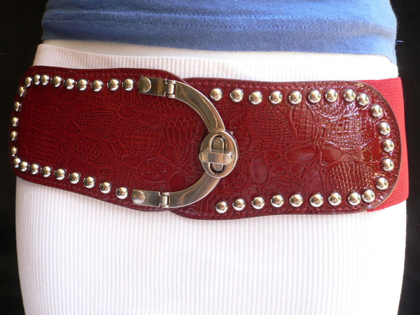 Red Faux Leather Stretch Back Crocodile Stamp Wide Belt Gold Metal Buckle New Women Accessories XS-L