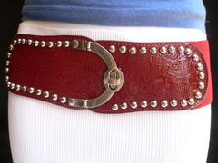 Red Faux Leather Stretch Back Crocodile Stamp Wide Belt Gold Metal Buckle Women Accessories XS-L - alwaystyle4you - 1