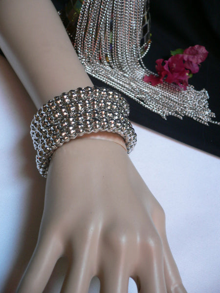 Silver Beads Metal Spring Elastic Wide Bracelet Disco Style New Women Fashion Jewelry Accessories