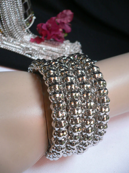Silver Beads Metal Spring Elastic Wide Bracelet Disco Style New Women Fashion Jewelry Accessories - alwaystyle4you - 3