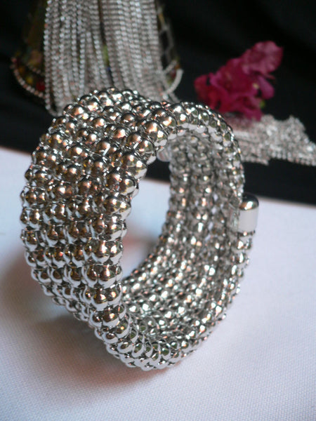 Silver Beads Metal Spring Elastic Wide Bracelet Disco Style New Women Fashion Jewelry Accessories - alwaystyle4you - 6