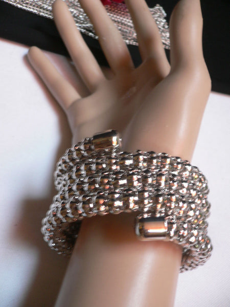 Silver Beads Metal Spring Elastic Wide Bracelet Disco Style New Women Fashion Jewelry Accessories - alwaystyle4you - 8