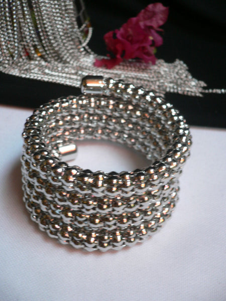 Silver Beads Metal Spring Elastic Wide Bracelet Disco Style New Women Fashion Jewelry Accessories - alwaystyle4you - 10