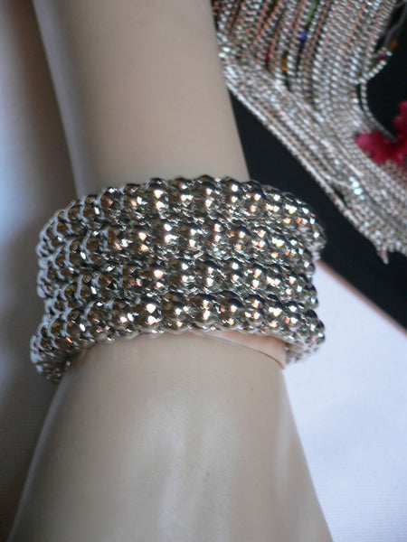 Silver Beads Metal Spring Elastic Wide Bracelet Disco Style New Women Fashion Jewelry Accessories - alwaystyle4you - 11