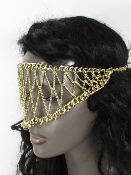 Gold Metal Head Chain Eye Cover Half Face Elastic Mask Thick Halloween Women Accessories