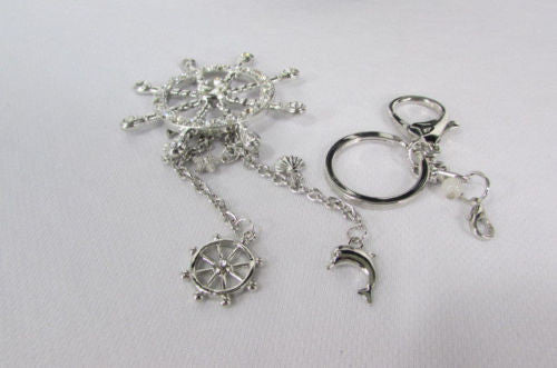 Silver Metal Key Chain Wallet Charm Nautical Sea Anchore Big Ship Wheel  New Women Men Fashion Jewelry Rhinestones Charm - alwaystyle4you - 9