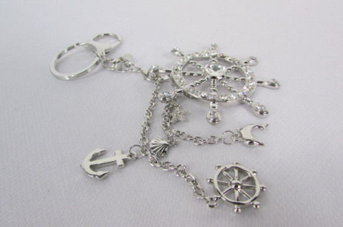 Silver Metal Key Chain Wallet Charm Nautical Sea Anchore Big Ship Wheel  New Women Men Fashion Jewelry Rhinestones Charm - alwaystyle4you - 11
