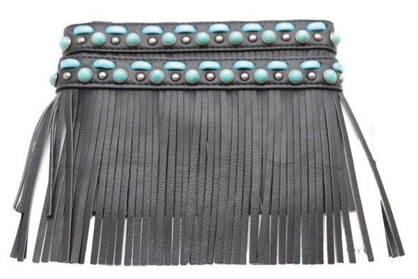 Black Brown Leather Long Fringes Turquoise Blue Beads Western Pair Boots Toppers Women Accessories