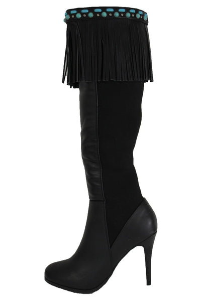 Black Brown Leather Long Fringes Turquoise Blue Beads Western Pair Boots Toppers Women Accessories
