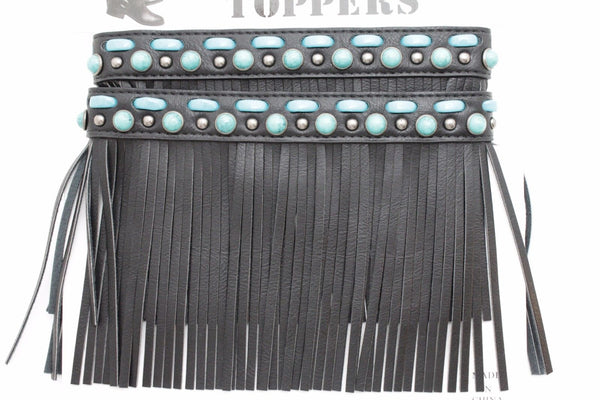 Black Brown Leather Long Fringes Turquoise Blue Beads Western Pair Boots Toppers Women Accessories