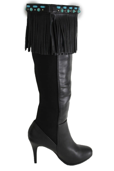 Black Brown Leather Long Fringes Turquoise Blue Beads Western Pair Boots Toppers Women Accessories