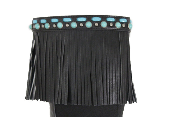 Black Brown Leather Long Fringes Turquoise Blue Beads Western Pair Boots Toppers Women Accessories