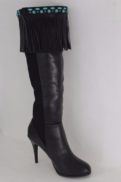 Black Brown Leather Long Fringes Turquoise Blue Beads Western Pair Boots Toppers Women Accessories