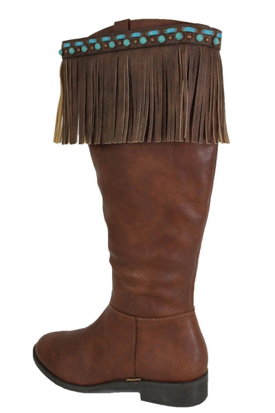Black Brown Leather Long Fringes Turquoise Blue Beads Western Pair Boots Toppers Women Accessories