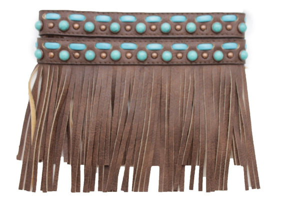 Black Brown Leather Long Fringes Turquoise Blue Beads Western Pair Boots Toppers Women Accessories