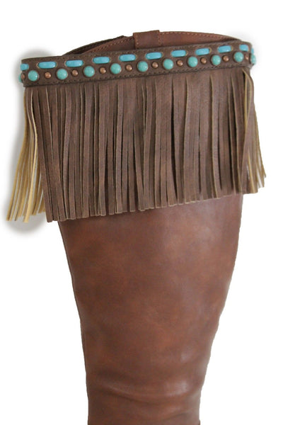 Black Brown Leather Long Fringes Turquoise Blue Beads Western Pair Boots Toppers Women Accessories