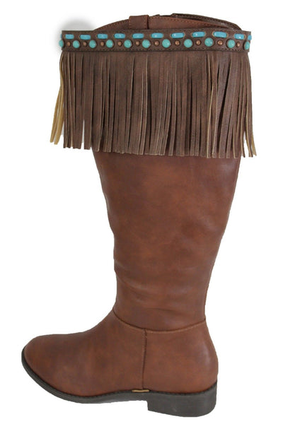 Black Brown Leather Long Fringes Turquoise Blue Beads Western Pair Boots Toppers Women Accessories