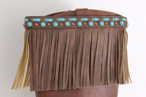 Black Brown Leather Long Fringes Turquoise Blue Beads Western Pair Boots Toppers Women Accessories