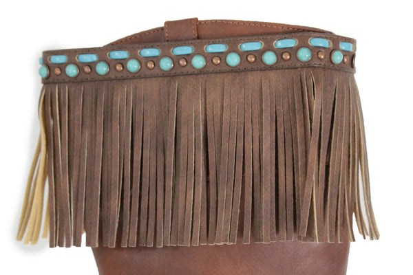 Black Brown Leather Long Fringes Turquoise Blue Beads Western Pair Boots Toppers Women Accessories