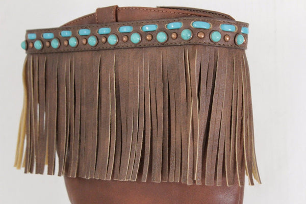 Black Brown Leather Long Fringes Turquoise Blue Beads Western Pair Boots Toppers Women Accessories