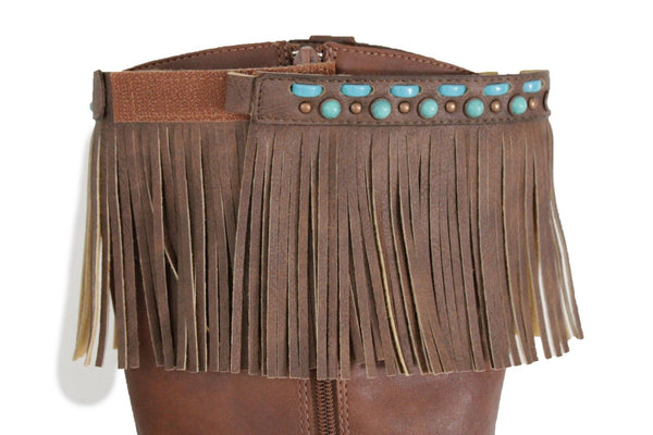 Black Brown Leather Long Fringes Turquoise Blue Beads Western Pair Boots Toppers Women Accessories